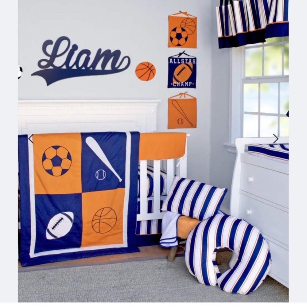 10 piece orange and blue baby bedding set